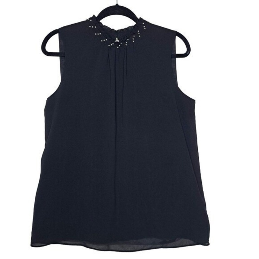 Karl Lagerfeld Blouse Womens M Black Sleeveless High Neck Pearl Beaded Top
